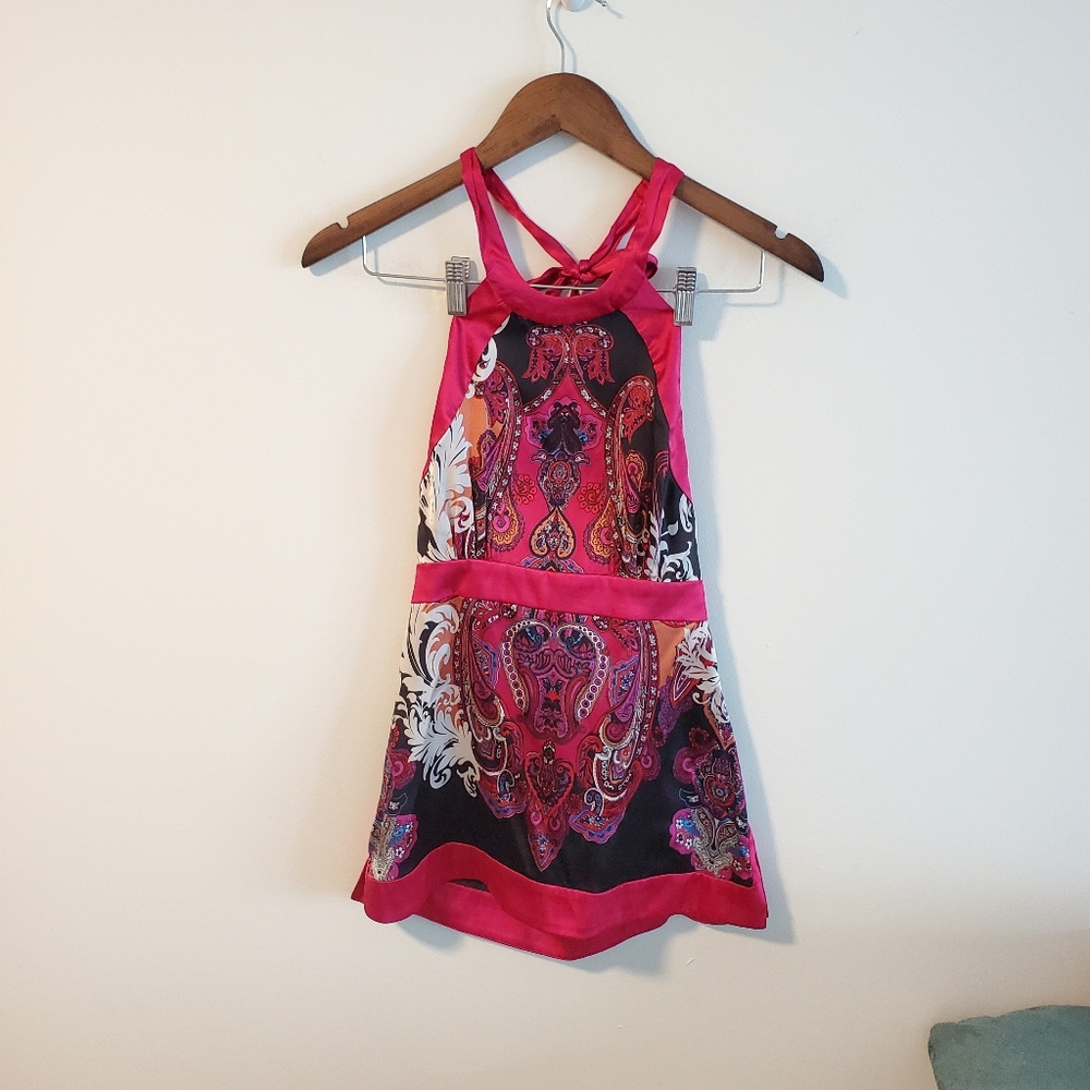 Bebe silk paisley satin halter top pink black lightweight tie back size small